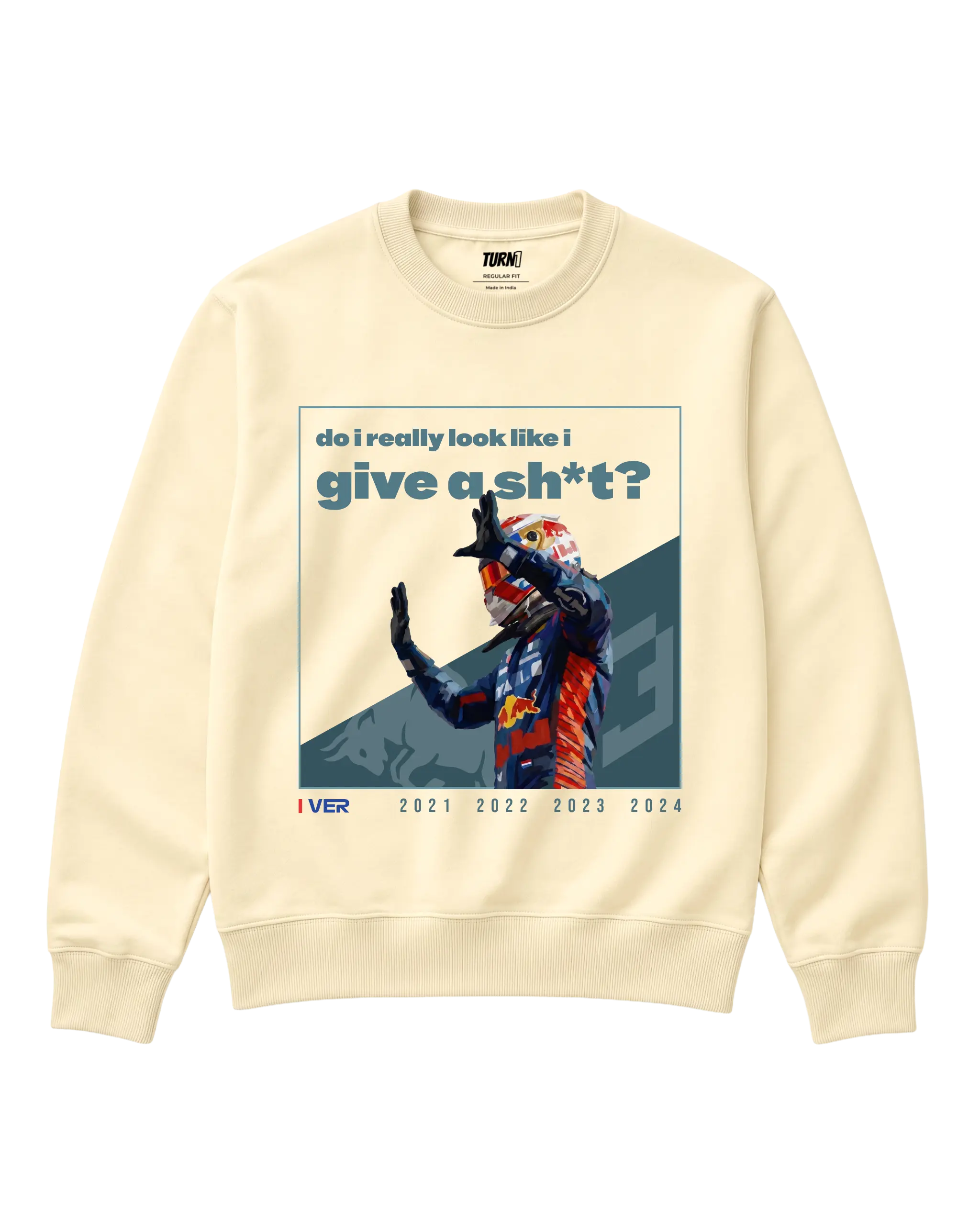 Max Verstappen Attitude F1 Unisex Sweatshirt Cream Colour Front View with crew neck and large Max Verstappen graphic print -Turn1 India