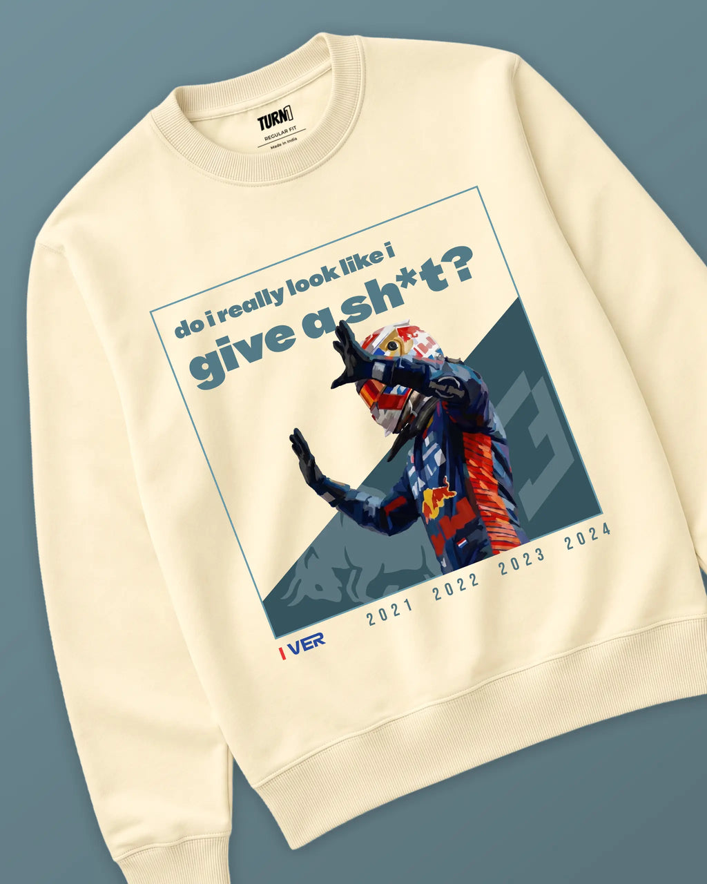 Max Verstappen Attitude F1 Unisex Sweatshirt Cream Colour Front View with crew neck and large Max Verstappen graphic print -Turn1 India