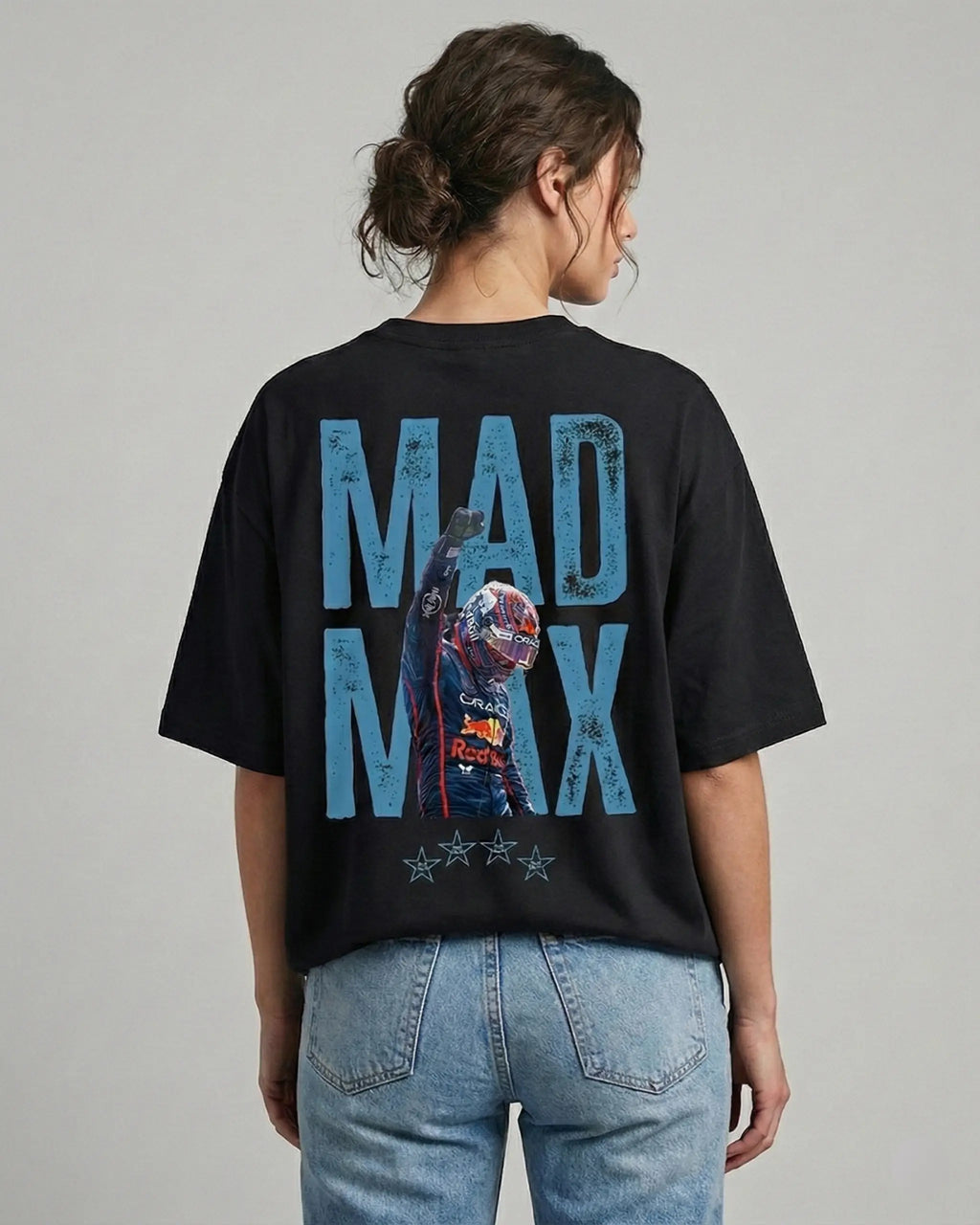 Female model wearing Max Verstappen F1 Unisex Oversized T-shirt Black Colour Back View | Turn1 India