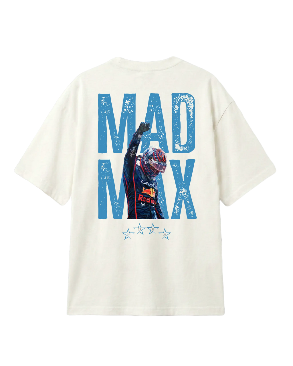 Max_Verstappen, RedBull Racing F1 driver Mad Max fan graphic Tshirt Off-White Colour Back View | Turn1 India