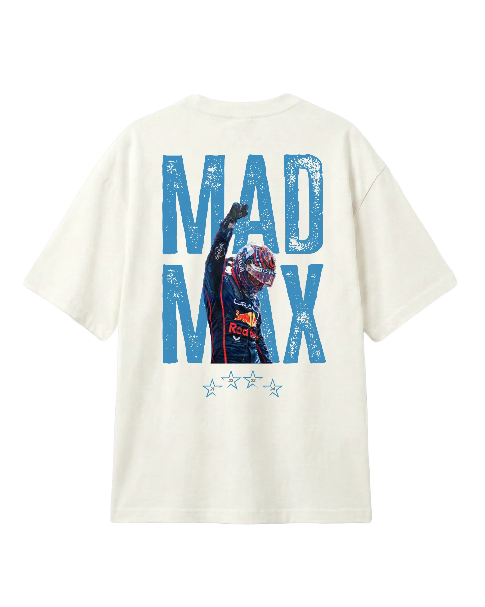Max_Verstappen, RedBull Racing F1 driver Mad Max fan graphic Tshirt Off-White Colour Back View | Turn1 India