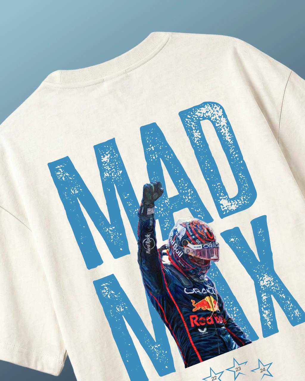 Max_Verstappen, RedBull Racing F1 driver Mad Max fan graphic F1 Unisex Oversized T-shirt Off-White Colour Back View