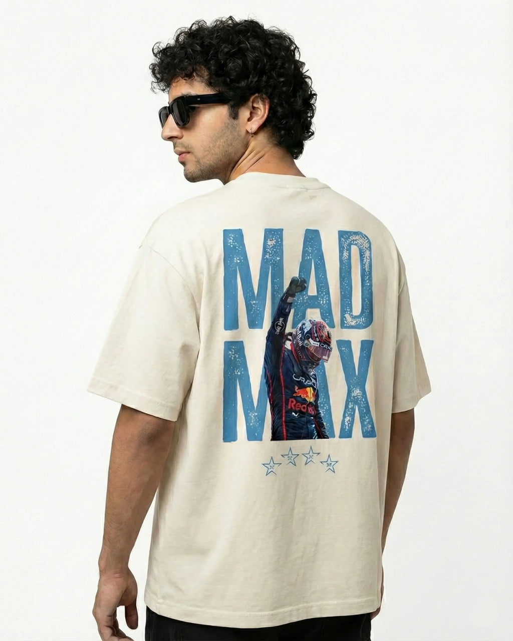 Male model wearing Max Verstappen F1 Unisex Oversized T-shirt Off-White Colour Back View | Turn1 India