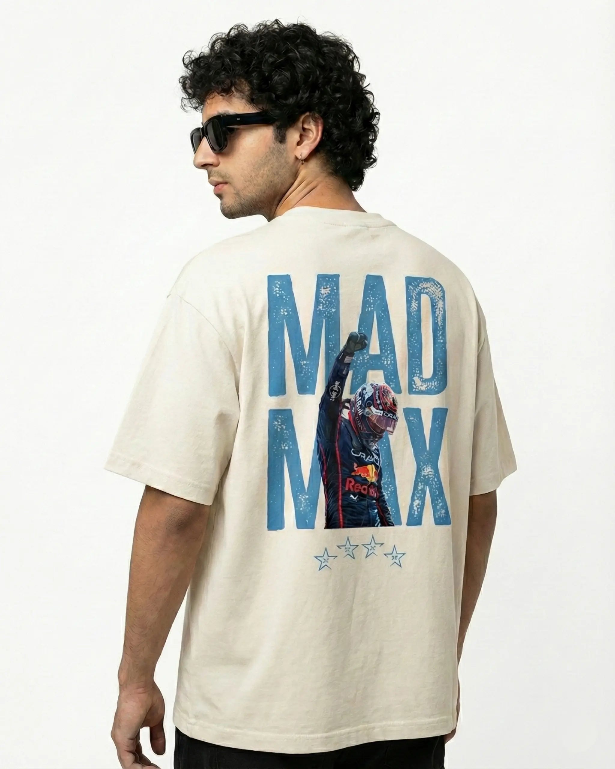 Male model wearing Max Verstappen F1 Unisex Oversized T-shirt Off-White Colour Back View | Turn1 India