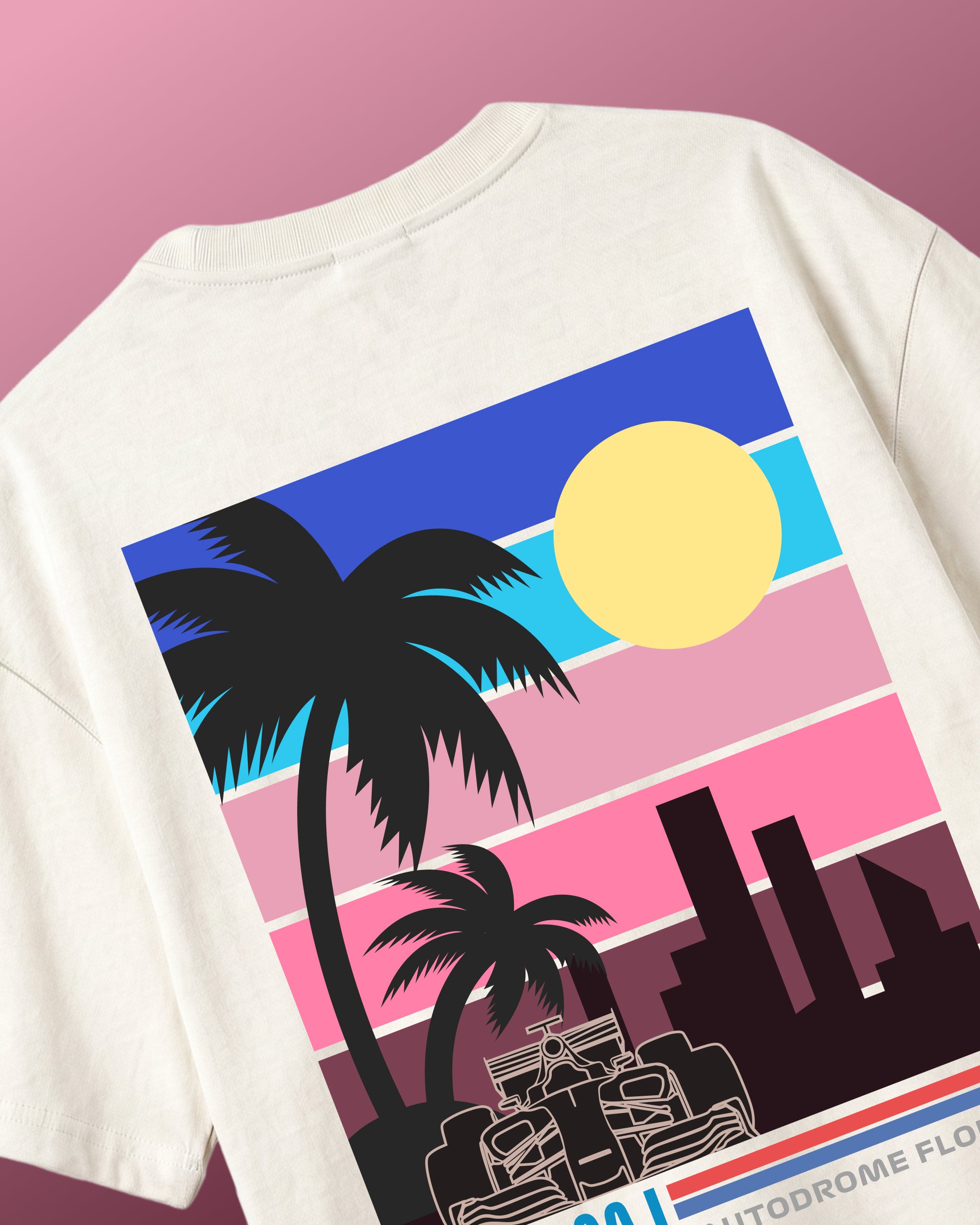 F1 Turn1 India Off White oversized unisex tshirt - fan graphic of Miami GP circuit and formula 1 car