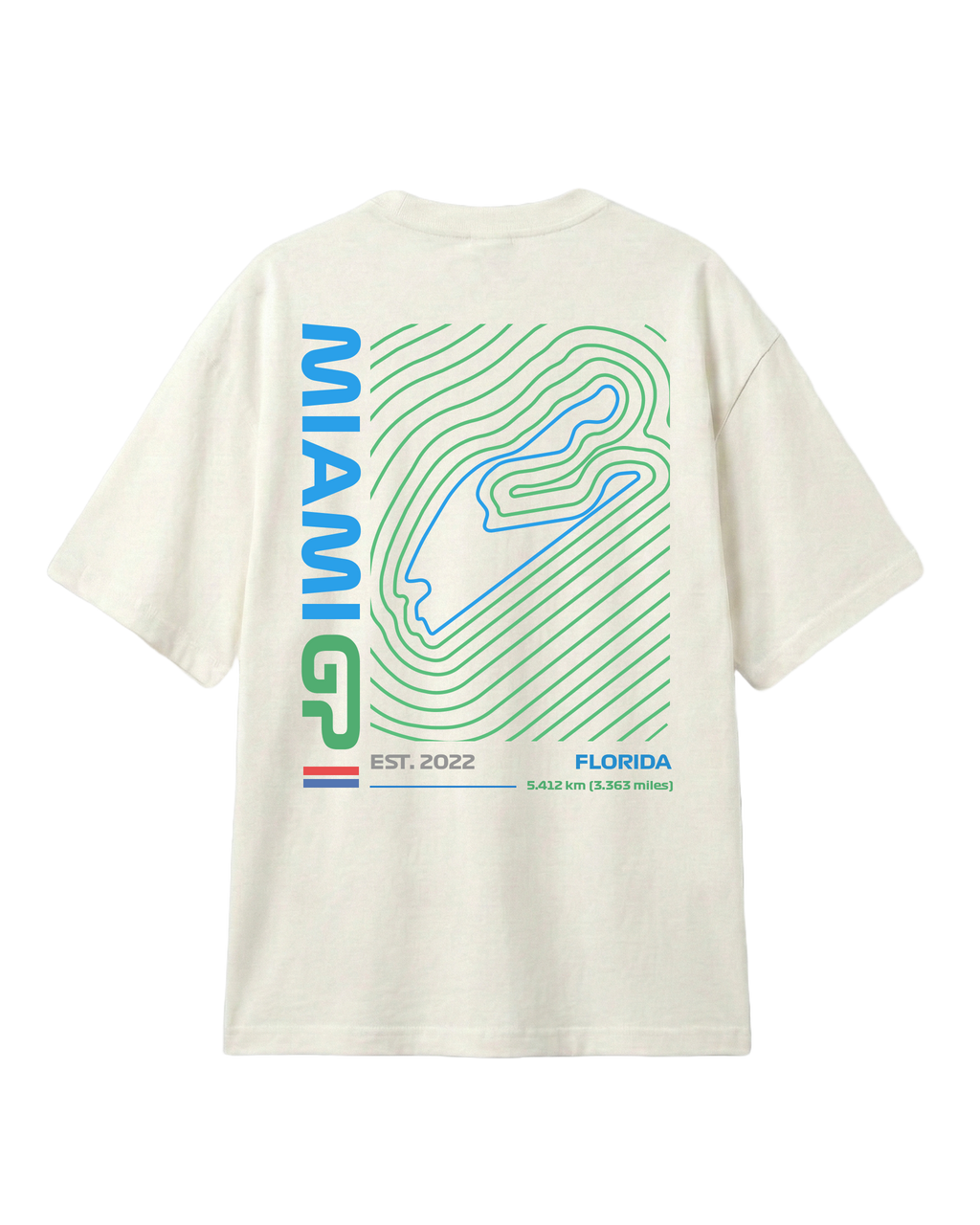 Miami Florida USA Circuit F1 Turn1 India off white oversized unisex tshirt - with Miami circuit graphic