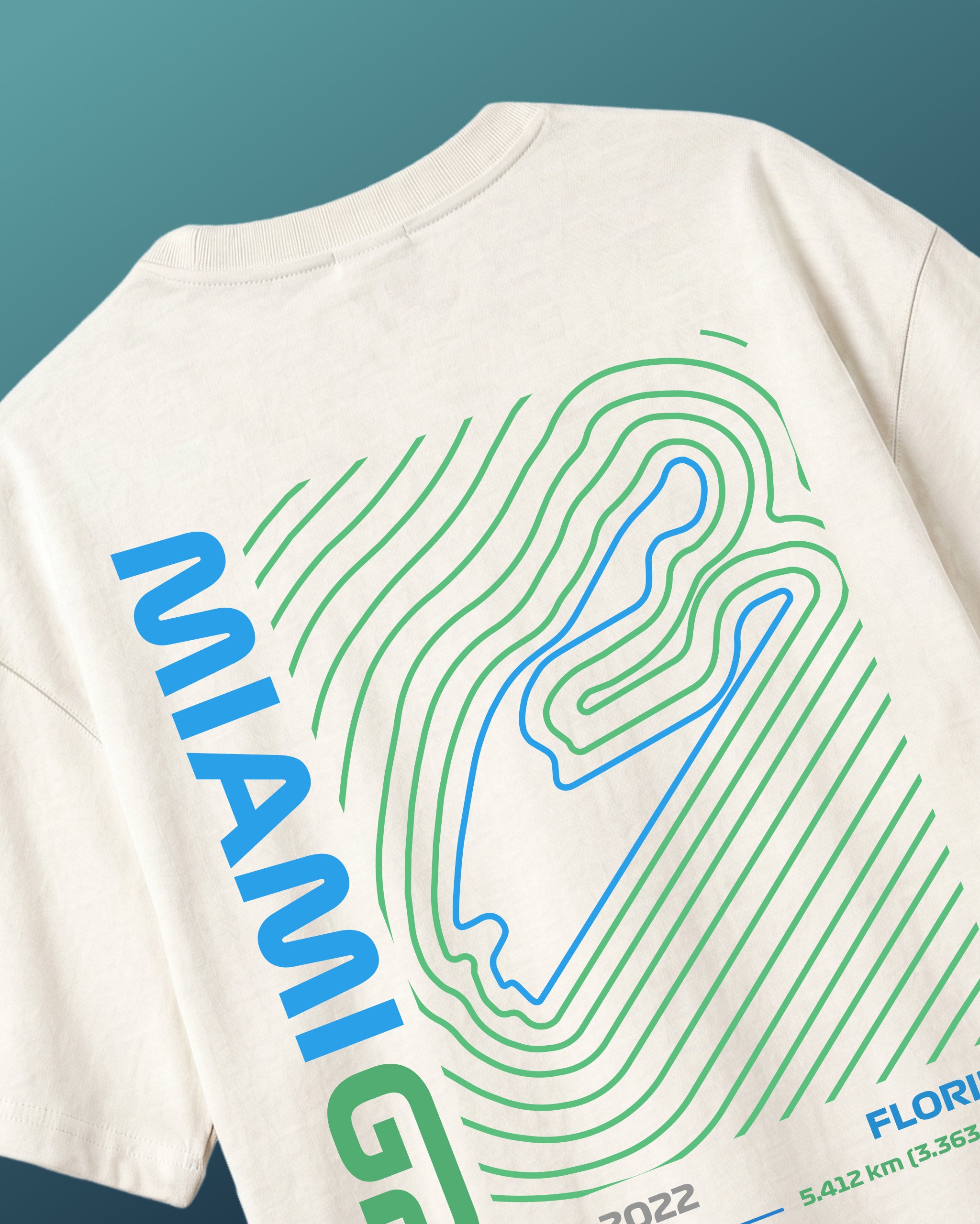 Miami Florida USA Circuit F1 Turn1 India off white oversized unisex tshirt - with Miami circuit graphic