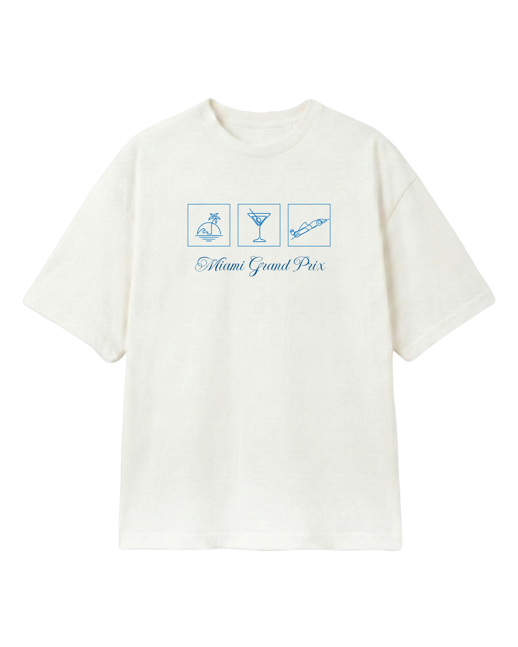 Miami Florida USA Circuit F1 Turn1 India off white oversized unisex tshirt - with Miami circuit graphic on the back and Miami grand prix icons on the front