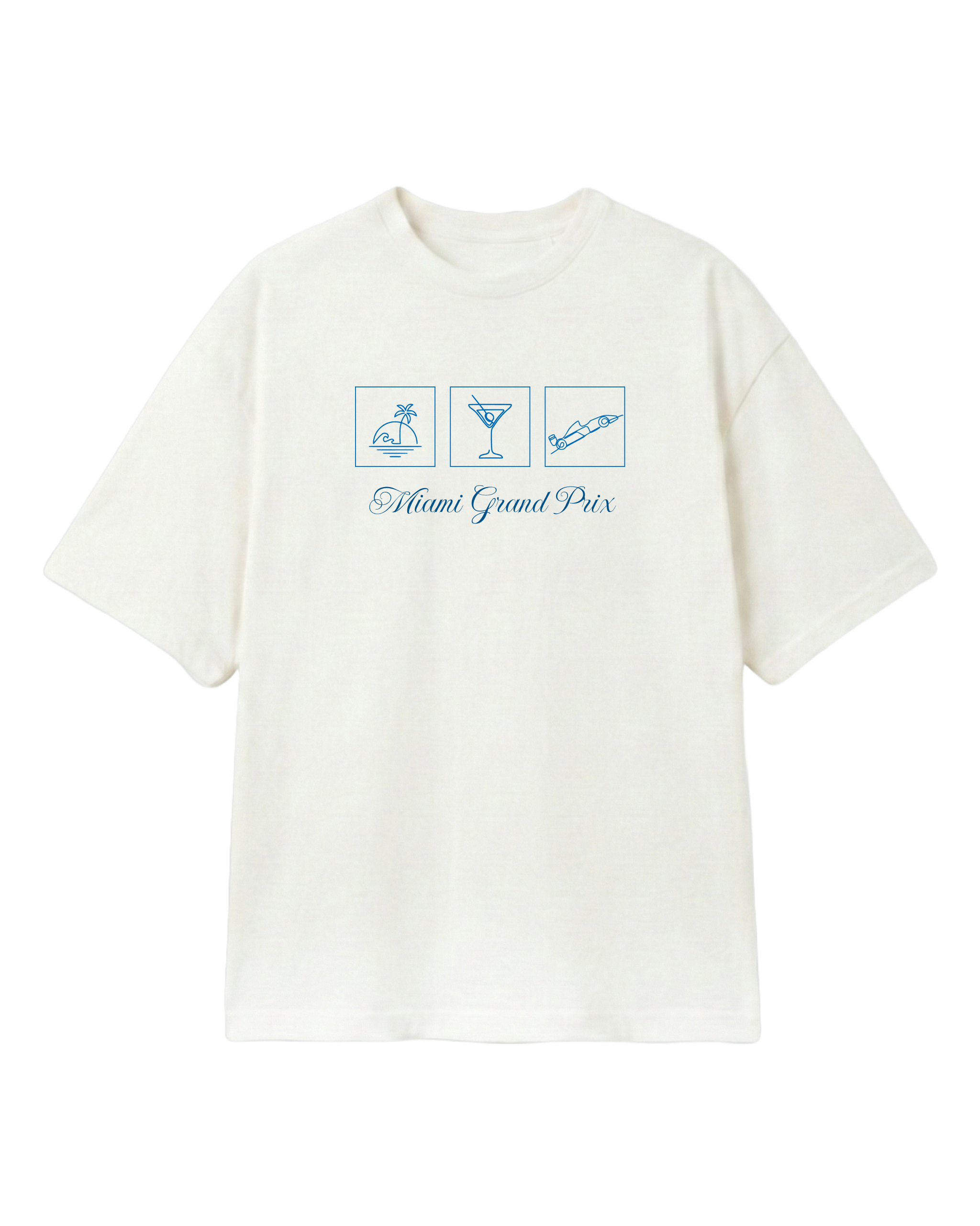 Miami Florida USA Circuit F1 Turn1 India off white oversized unisex tshirt - with Miami circuit graphic on the back and Miami grand prix icons on the front