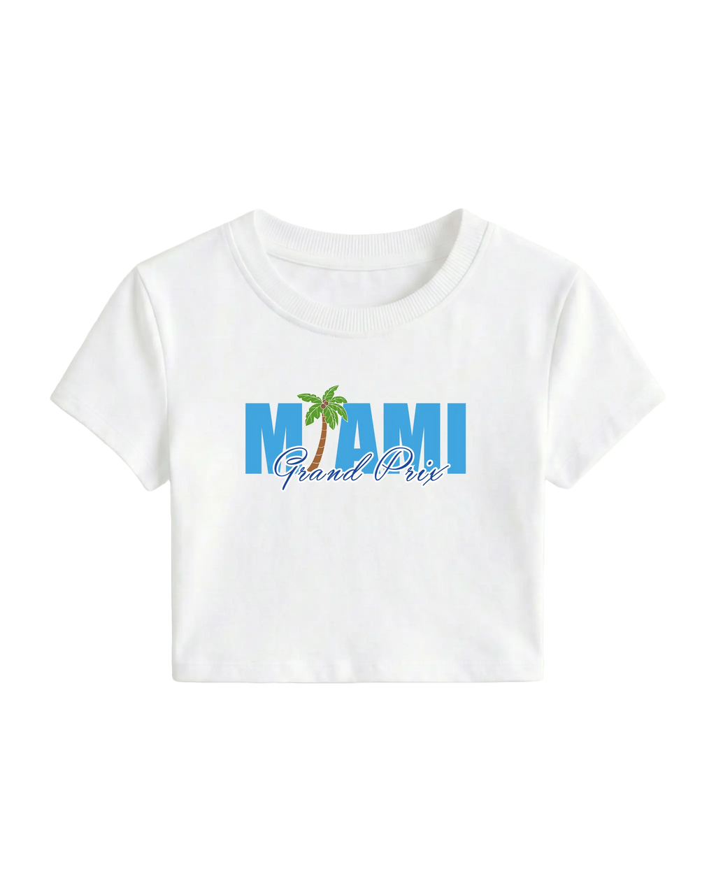 White short-sleeve Miami Grand Prix F1 crop top, front “Miami” and “Grand Prix” logo