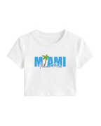 White short-sleeve Miami Grand Prix F1 crop top, front “Miami” and “Grand Prix” logo