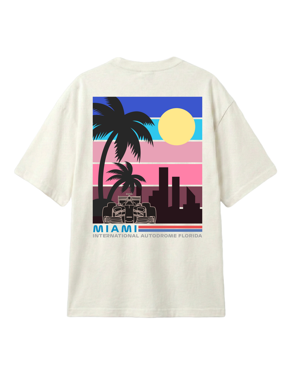 F1 Turn1 India Off White oversized unisex tshirt - fan graphic of Miami GP (grand prix) circuit and formula 1 car