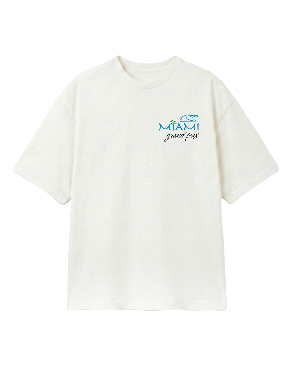 F1 Turn1 India Off White oversized unisex tshirt - fan graphic of Miami GP (grand prix) circuit and formula 1 car.  Miami grand prix logo on the front print