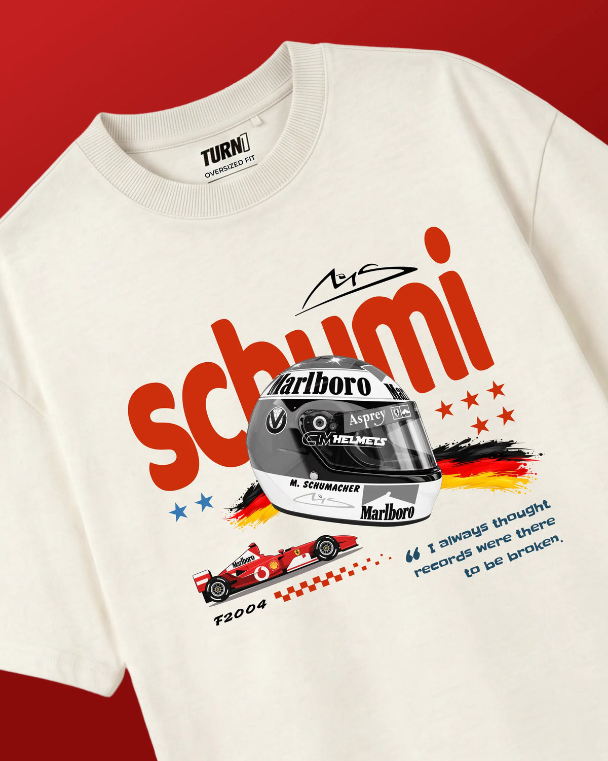 Michael Schumacher Formula 1 Tshirt | Schumi Helmet Edition F1 T-shirt | Off-White | Unisex Oversized Fit | Front View | Turn1 India