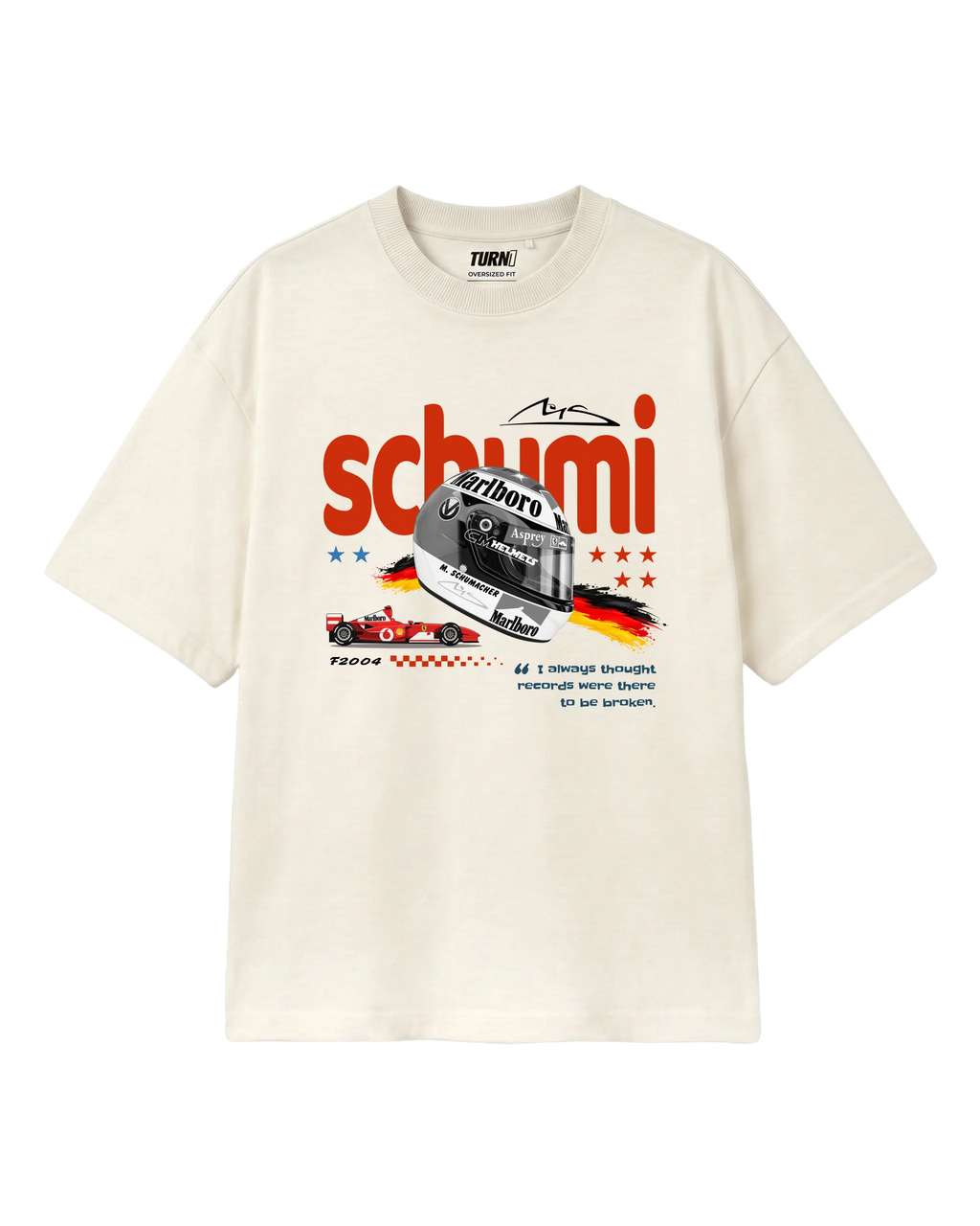 Michael Schumacher Formula 1 Tshirt | Schumi Helmet Edition F1 T-shirt | Off-White | Unisex Oversized Fit | Front View | Turn1 India