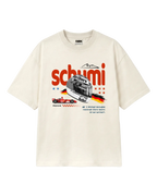 Michael Schumacher Formula 1 Tshirt | Schumi Helmet Edition F1 T-shirt | Off-White | Unisex Oversized Fit | Front View | Turn1 India