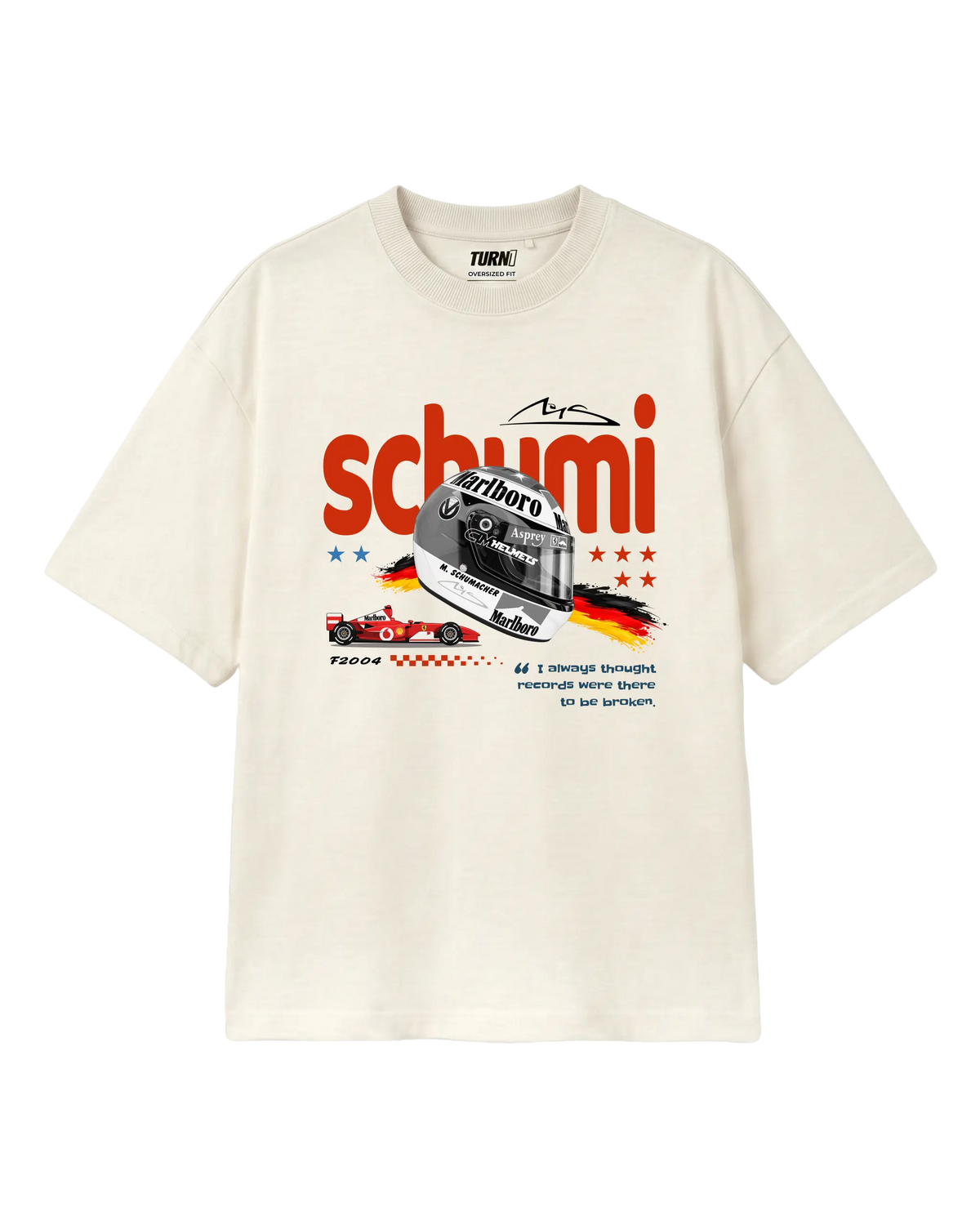 Michael Schumacher Formula 1 Tshirt | Schumi Helmet Edition F1 T-shirt | Off-White | Unisex Oversized Fit | Front View | Turn1 India
