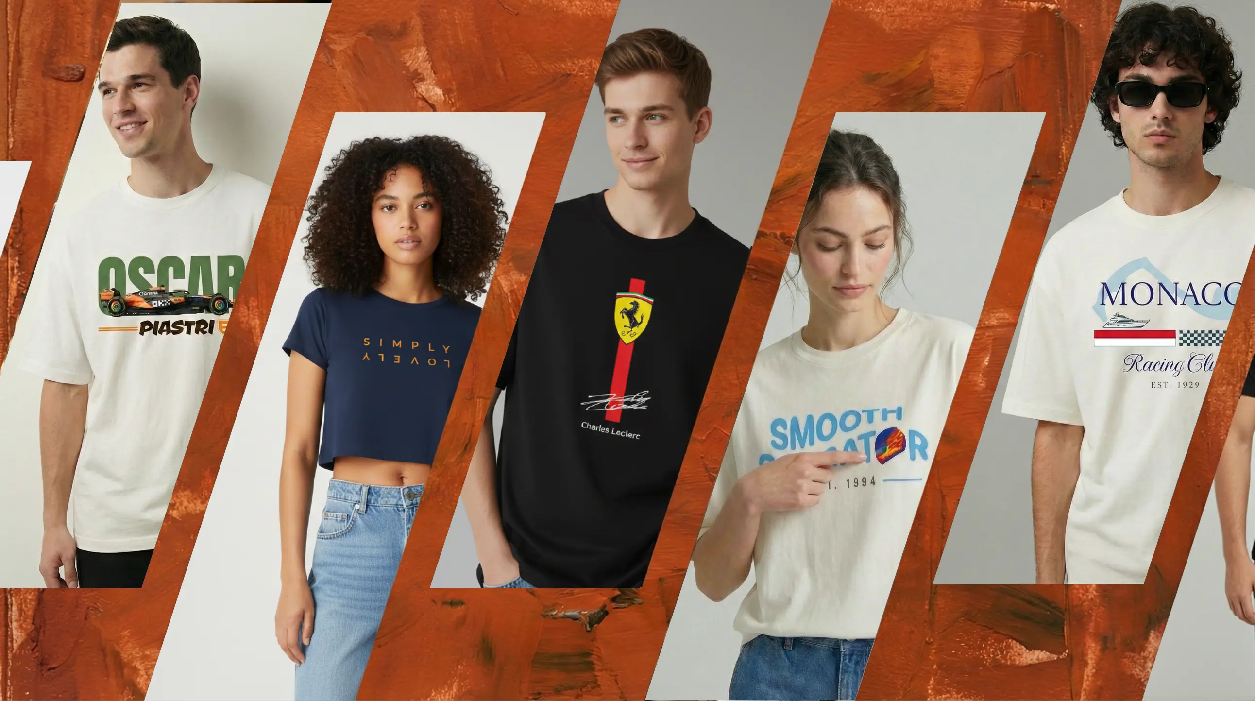Models wearing Turn1 branded F1-inspired t-shirts and crop tops against a textured background | Turn1 India