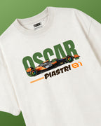 Turn1 India F1 Tshirt Off White Unisex Oversized T-shirt featuring fan graphic of Oscar Piastri, Mclaren F1 Racing team driver and his Car and number "81"