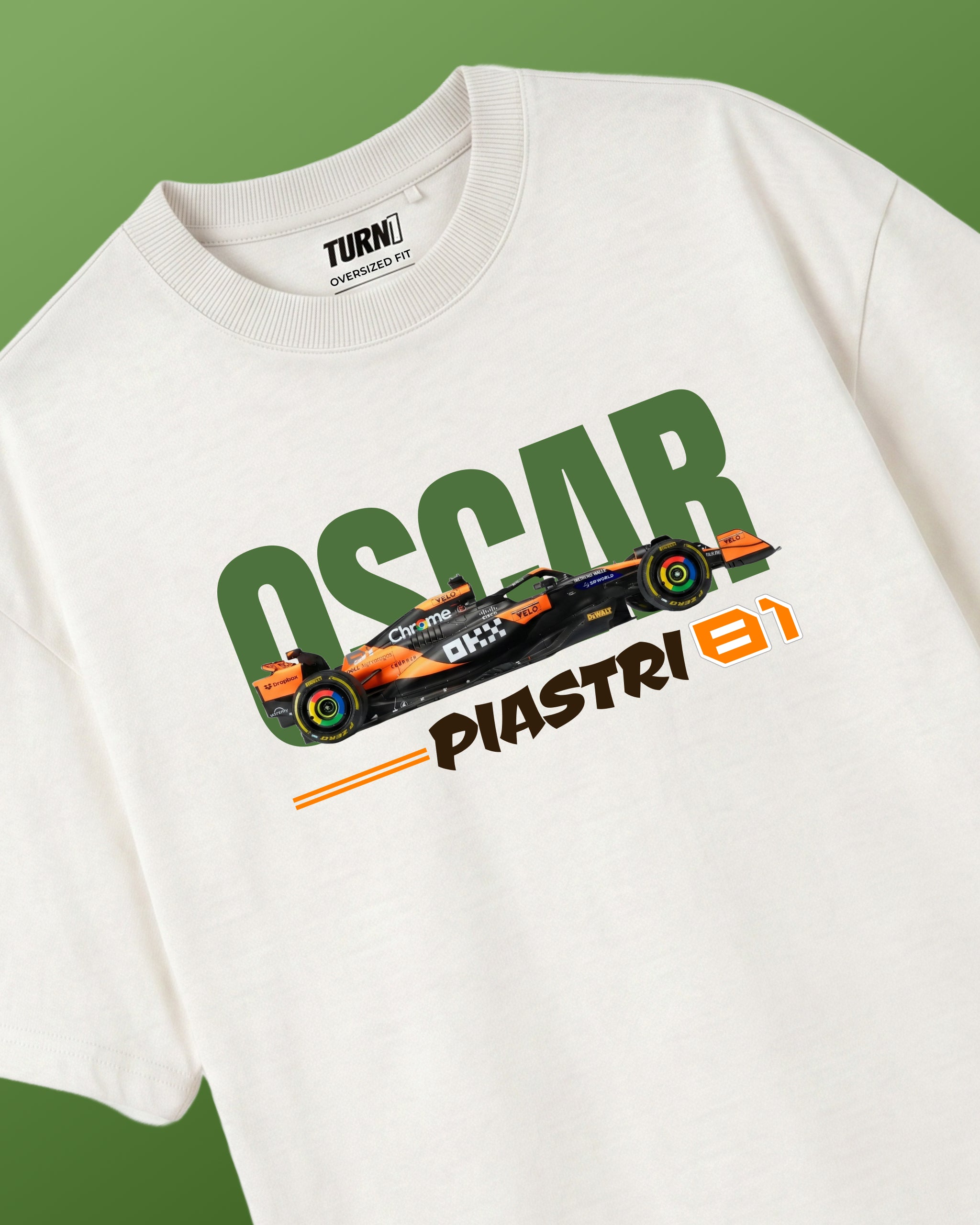 Turn1 India F1 Tshirt Off White Unisex Oversized T-shirt featuring fan graphic of Oscar Piastri, Mclaren F1 Racing team driver and his Car and number "81"