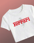 F1 Ferrari white crop top for women by Turn 1 Brand, an F1 Apparel brand of India. Ferrari in classic ferrari red lettering and Ferrari logo on the front print.
