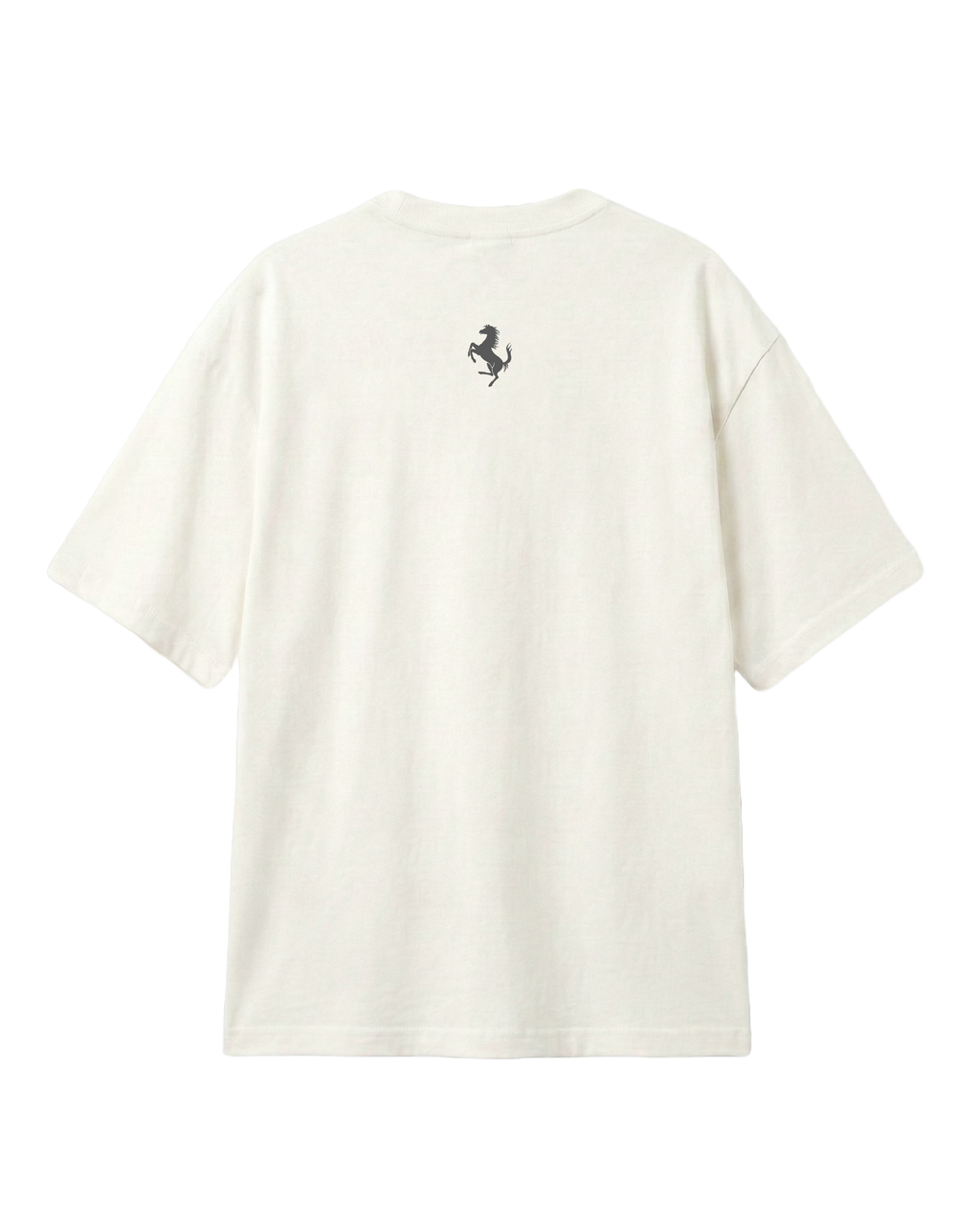 Vintage Ferrari F1 Turn1 India off white oversized unisex tshirt - F1 Ferrari 1954 car graphic on front along with Scuderia Ferrari Formula One Team in red and back featuring small black Ferrari prancing horse logo