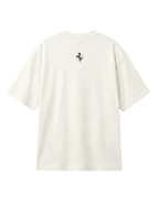 Vintage Ferrari F1 Turn1 India off white oversized unisex tshirt - F1 Ferrari 1954 car graphic on front along with Scuderia Ferrari Formula One Team in red and back featuring small black Ferrari prancing horse logo
