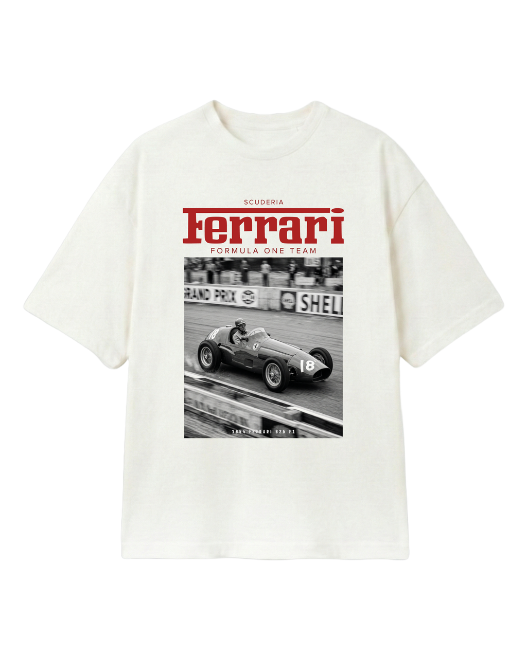Vintage Ferrari F1 Turn1 India off white oversized unisex tshirt - F1 Ferrari 1954 car graphic on front along with Scuderia Ferrari Formula One Team in red