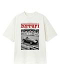 Vintage Ferrari F1 Turn1 India off white oversized unisex tshirt - F1 Ferrari 1954 car graphic on front along with Scuderia Ferrari Formula One Team in red
