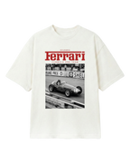 Vintage Ferrari F1 Turn1 India off white oversized unisex tshirt - F1 Ferrari 1954 car graphic on front along with Scuderia Ferrari Formula One Team in red