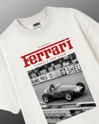 Vintage Ferrari F1 Turn1 India off white oversized unisex tshirt - F1 Ferrari 1954 car graphic on front along with Scuderia Ferrari Formula One Team in red
