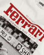 Close-up of Vintage Ferrari F1 Turn1 India off white oversized unisex tshirt - F1 Ferrari 1954 car graphic on front along with Scuderia Ferrari Formula One Team in red