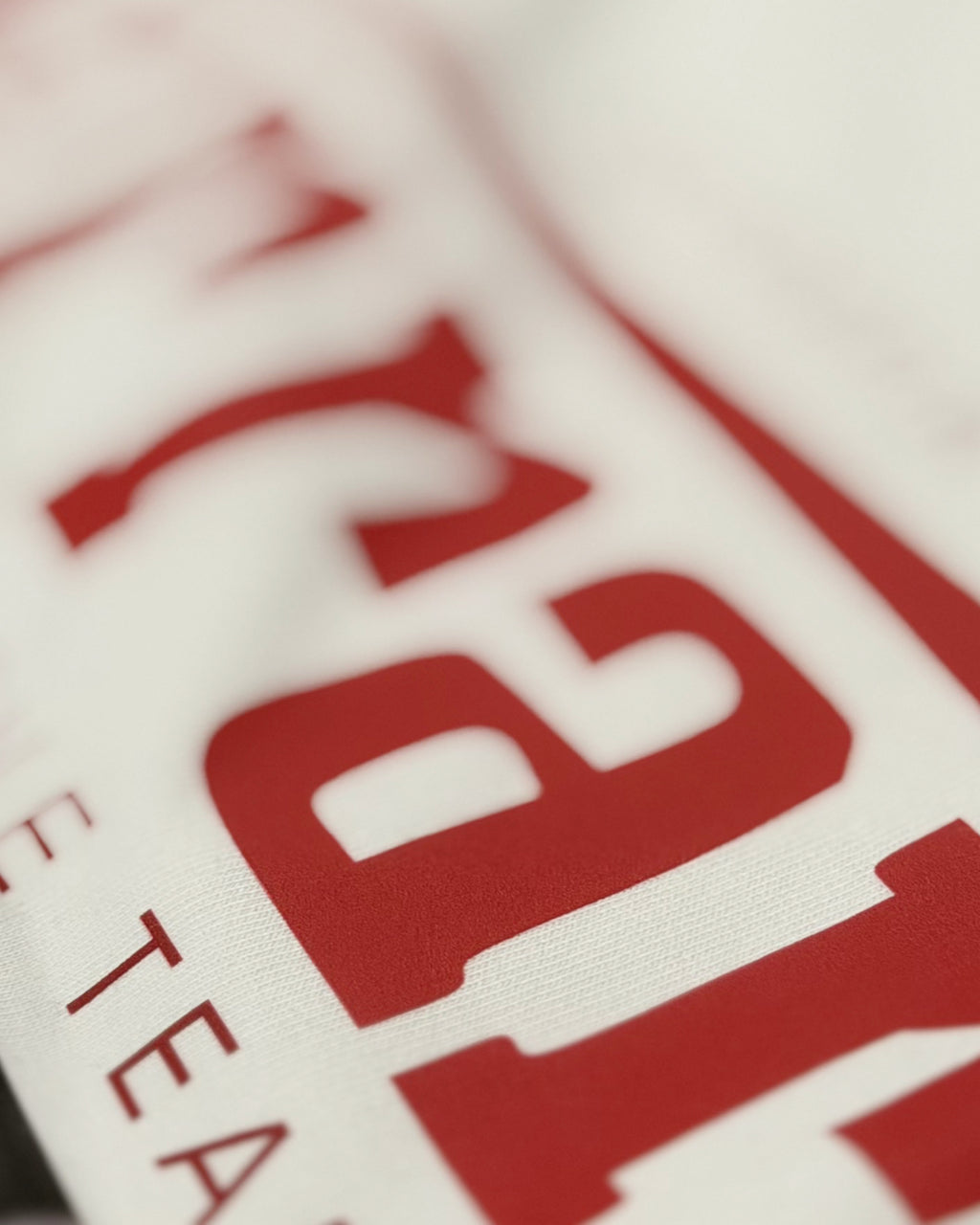 Close-up of red “Ferrari” lettering on off-white unisex t-shirt  - Vintage Ferrari F1 Turn1 India off white oversized unisex tshirt - F1 Ferrari 1954 car graphic on front along with Scuderia Ferrari Formula One Team in red