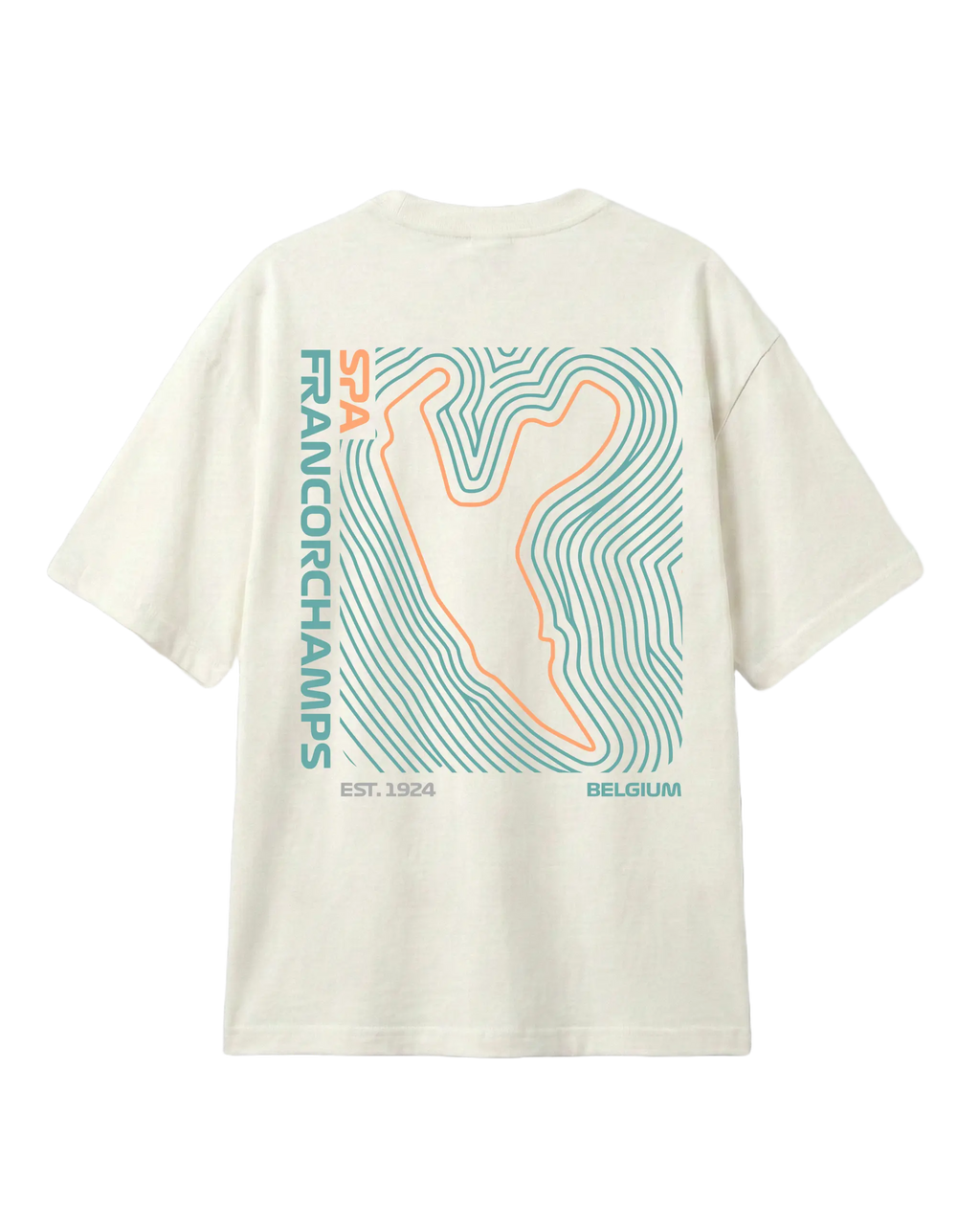F1 Off-white unisex oversized T-shirt by Turn 1 Brand, an F1 Apparel brand of India. Back print features Spa Francorchamps Belgium GP F1 circuit.
