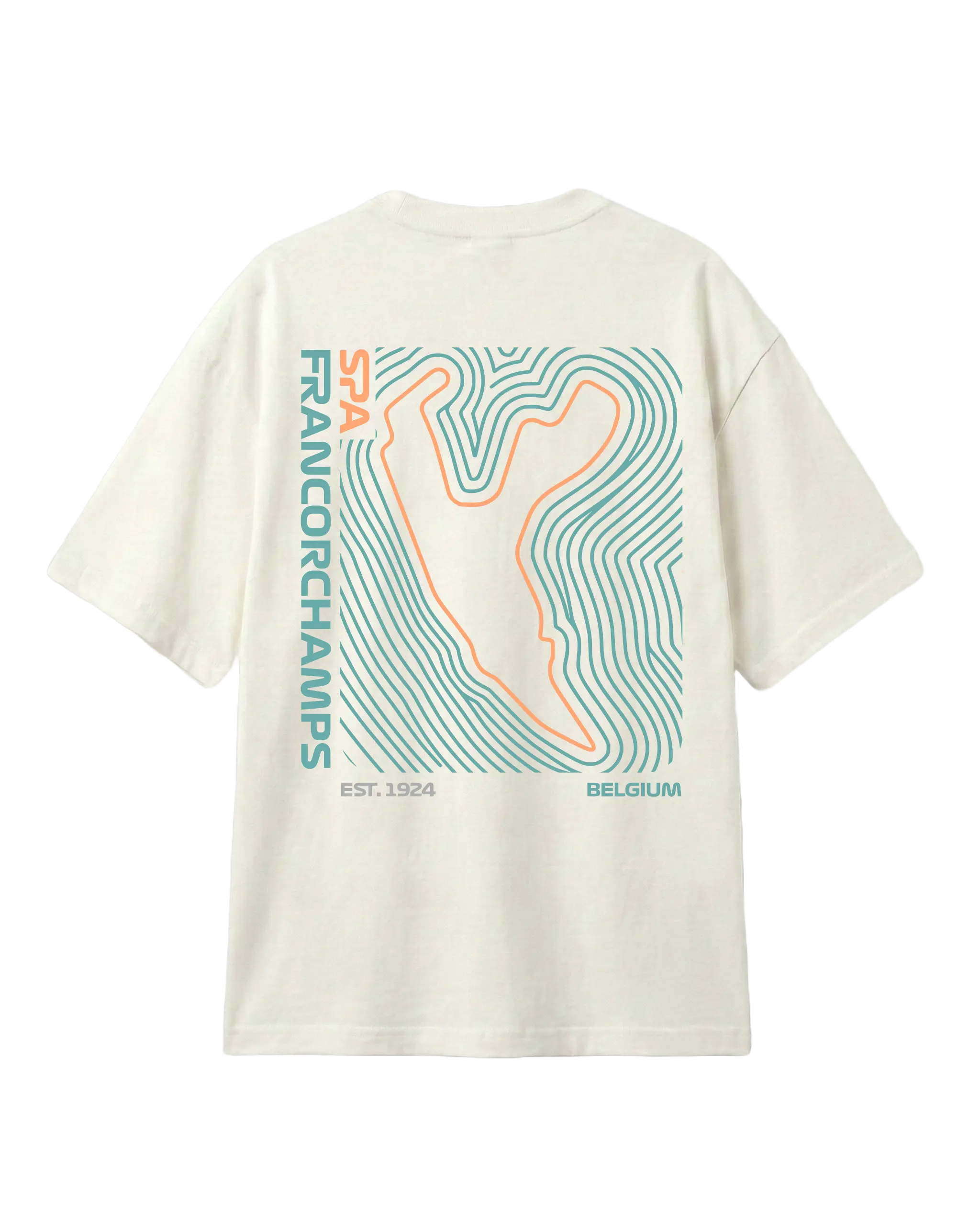 F1 Off-white unisex oversized T-shirt by Turn 1 Brand, an F1 Apparel brand of India. Back print features Spa Francorchamps Belgium GP F1 circuit.