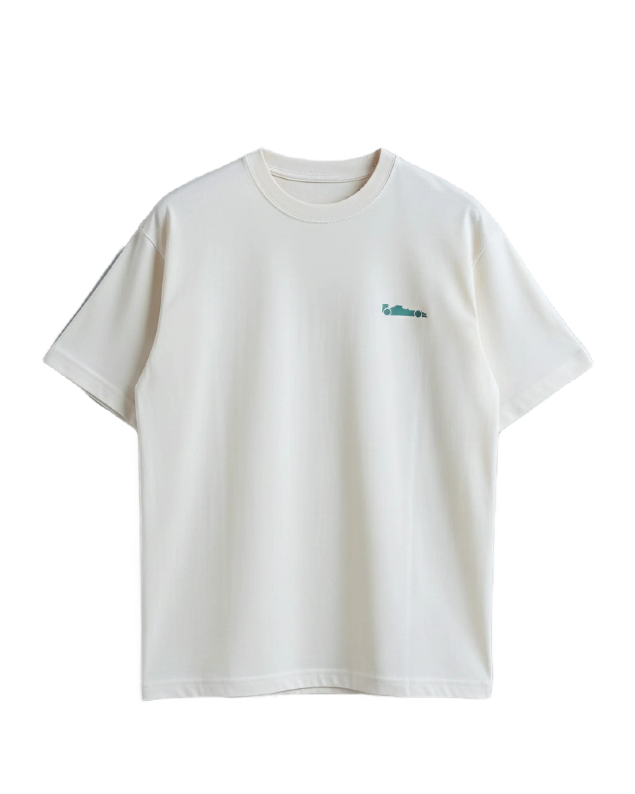 F1 Off-white unisex oversized T-shirt by Turn 1 Brand, an F1 Apparel brand of India. Back print features Spa Francorchamps Belgium GP F1 circuit. Front print features a miniature F1 sports car.