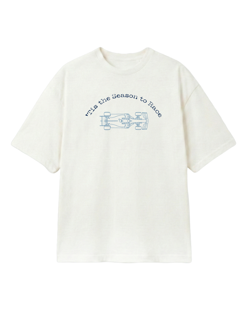 Off‑White Unisex‑Tee, zentraler F1‑Motivprint mit Schrift „This the Season to Race“