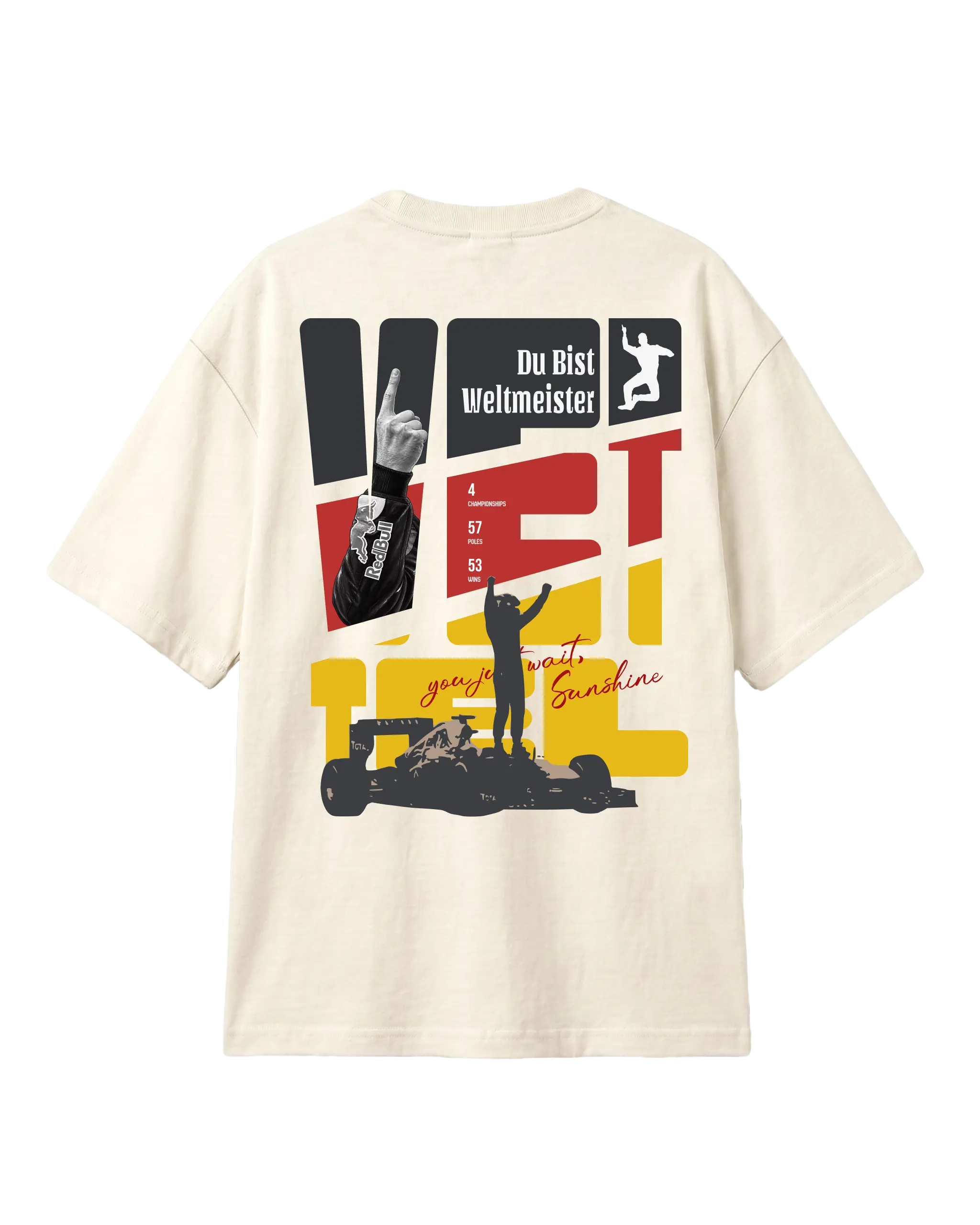 Sebastian Vettel Danke Seb Formula 1 Graphic F1 T-shirt Off-White Back View | Turn1 India | Unisex Oversized Tee