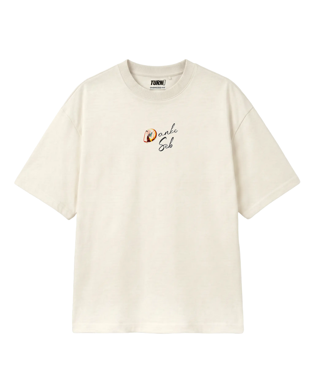 Sebastian Vettel Danke Seb Formula 1 Graphic F1 T-shirt Off-White Front View | Turn1 India | Unisex Oversized Tee