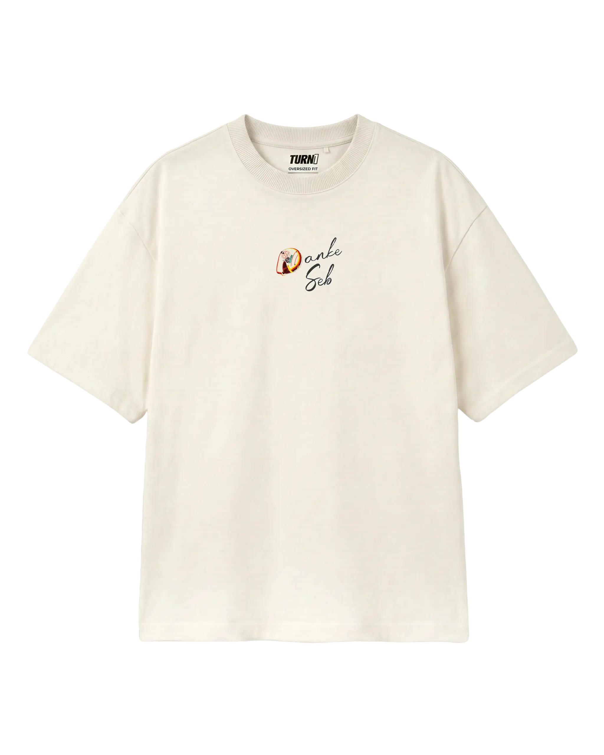 Sebastian Vettel Danke Seb Formula 1 Graphic F1 T-shirt Off-White Front View | Turn1 India | Unisex Oversized Tee