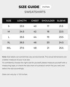 Turn1 F1 Sweatshirts size guide chart (inches): S–XXL length, chest, shoulder, sleeve