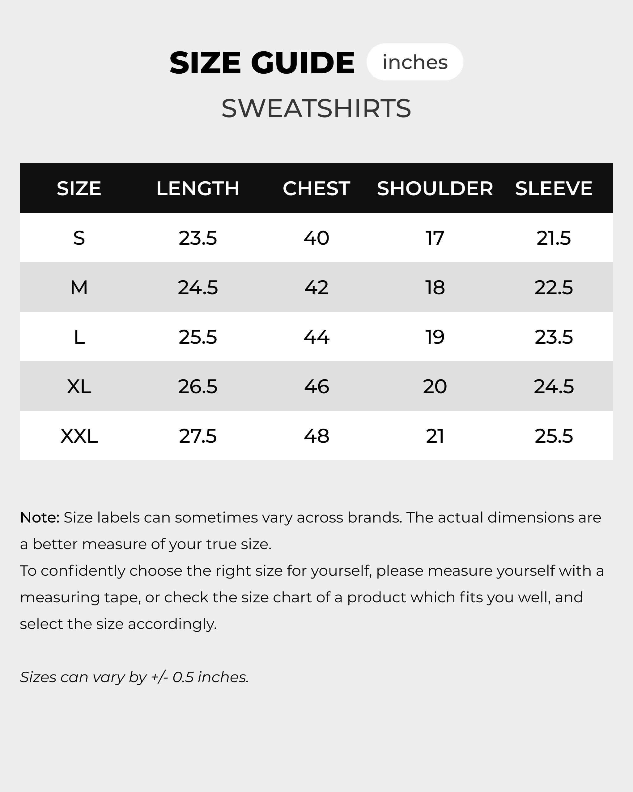 Turn1 F1 Sweatshirts size guide chart (inches): S–XXL length, chest, shoulder, sleeve