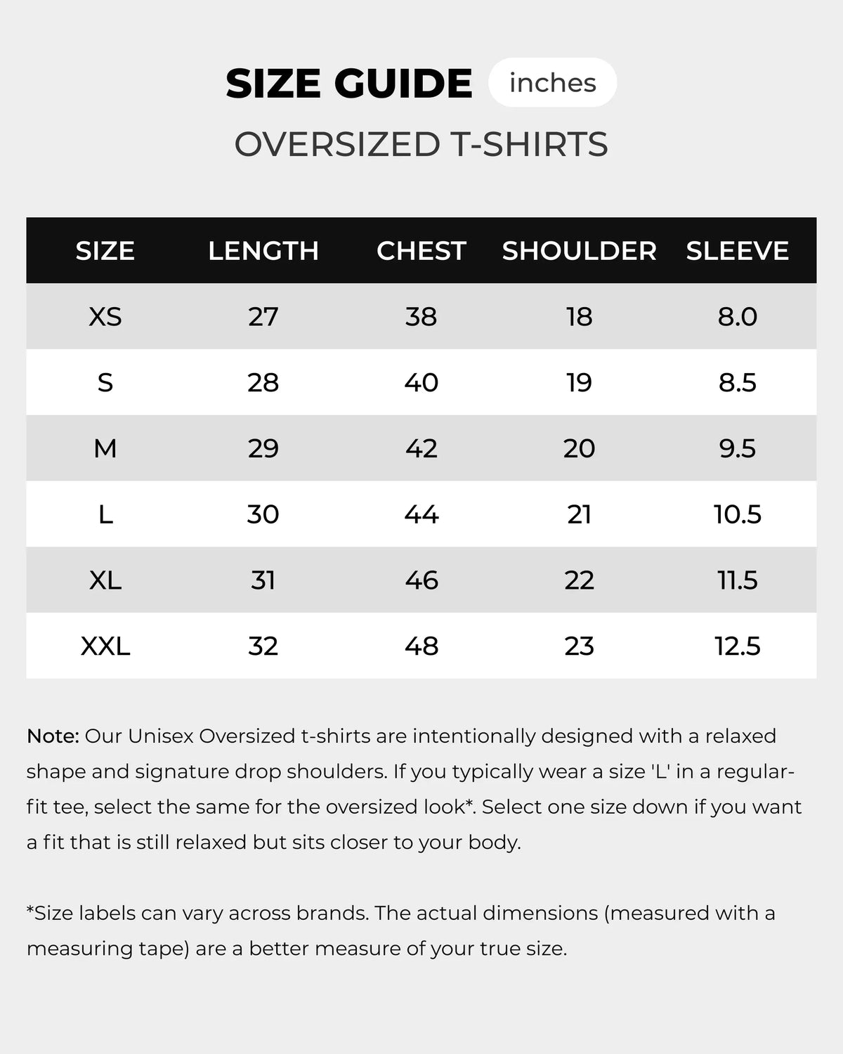 Size Chart | Unisex Oversized T-shirt | Turn1