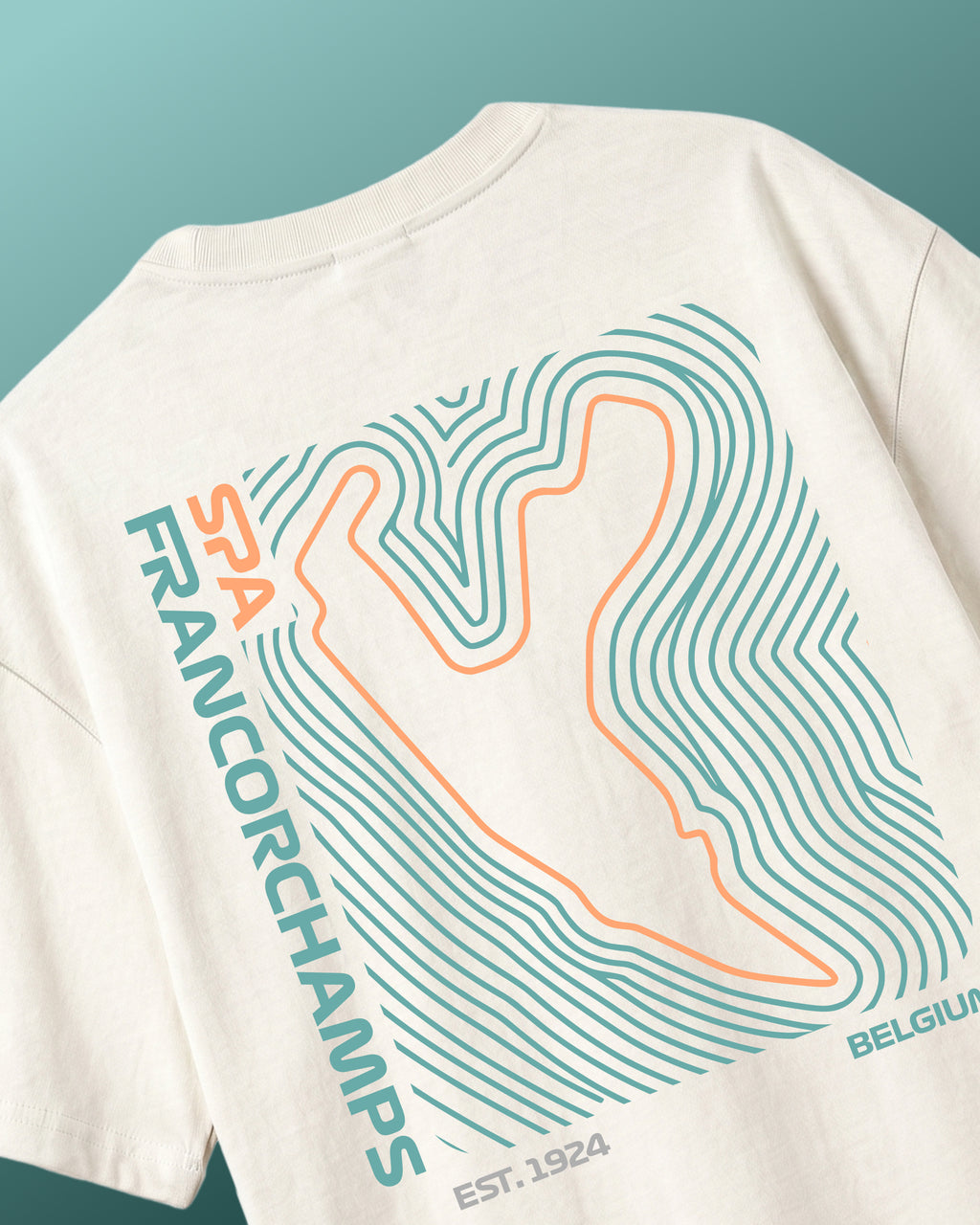F1 Off-white unisex oversized T-shirt by Turn 1 Brand, an F1 Apparel brand of India. Back print features Spa Francorchamps Belgium GP F1 circuit.